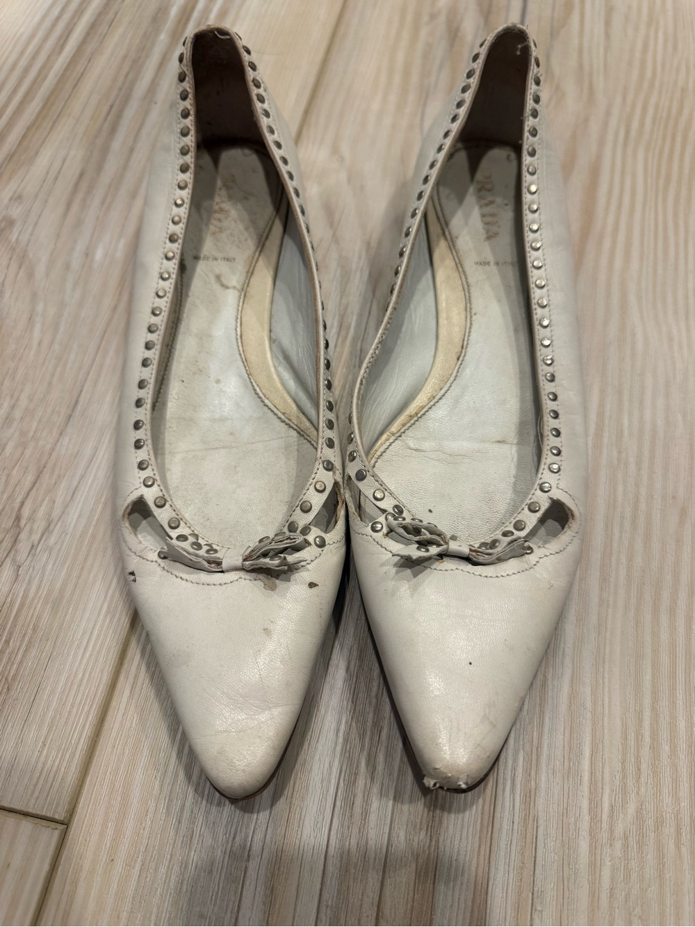 Prada White Pointed-Toe Stud-Trim Leather Flats